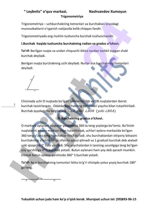 Trigonometriya burchaklari va o'lchov usullari