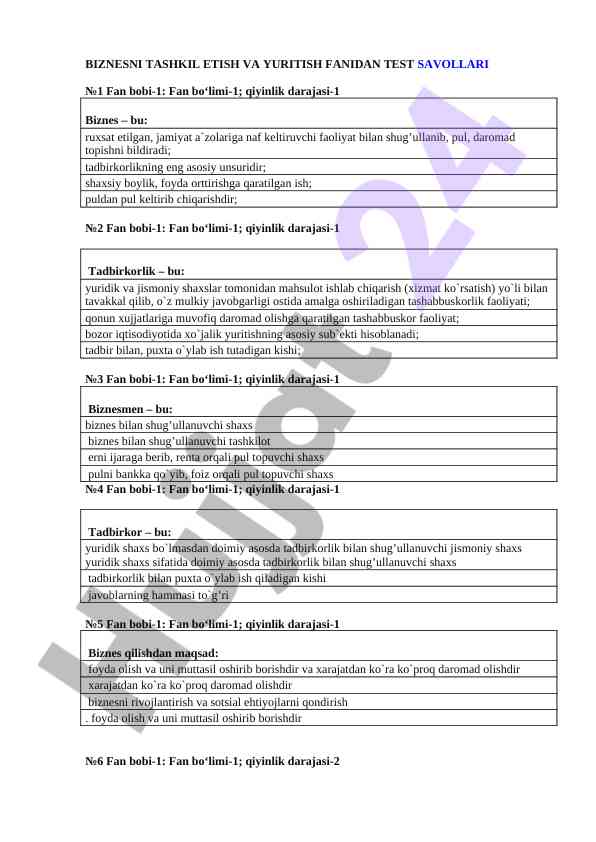 Biznesni tashkil etish test savollari