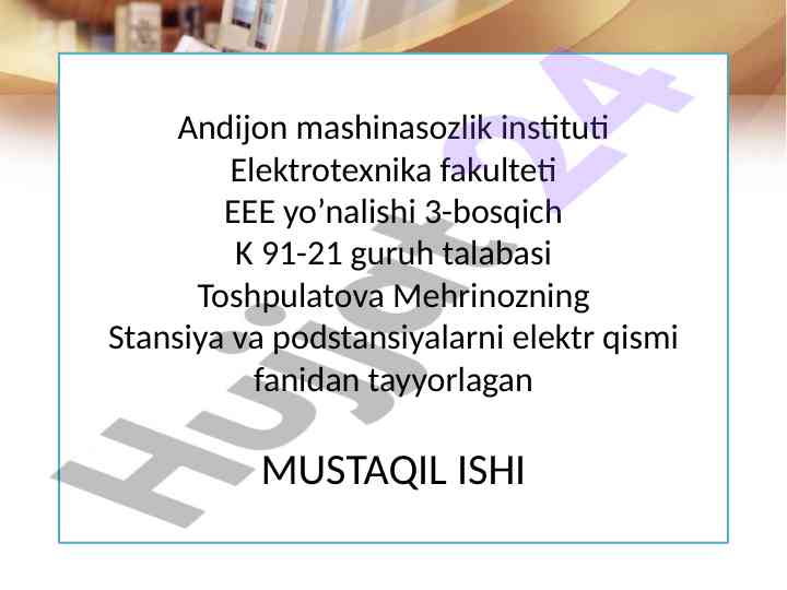 Stansiya va podstansiyalarni elektr qismi mavzusi