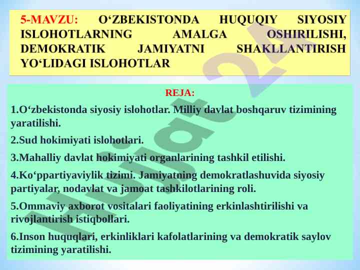 O‘zbekistonda siyosiy islohotlar va milliy boshqaruv