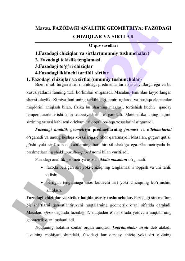 Fazodagi analitik geometriya asoslari