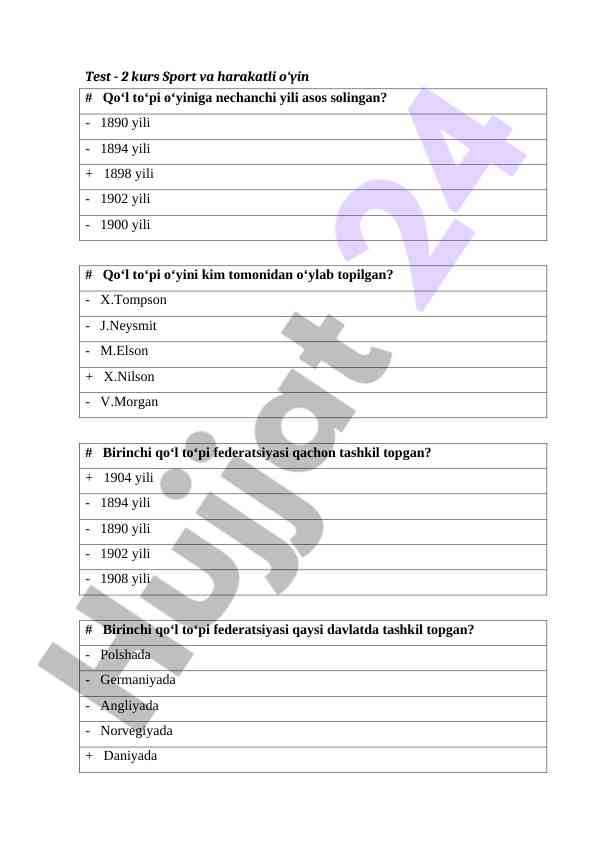Qo‘l To‘pi O‘yiniga Doir Test Savollari