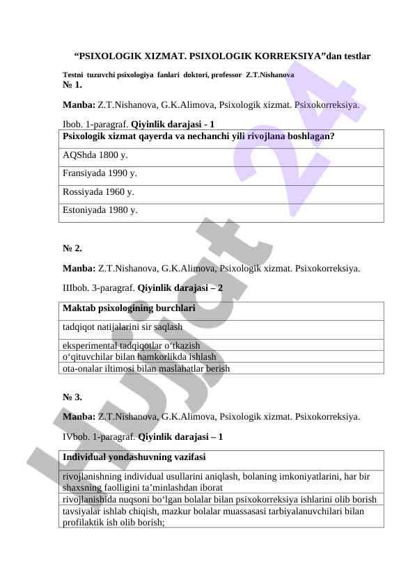 Psixologik xizmat va psixologik korrektsiya testlari