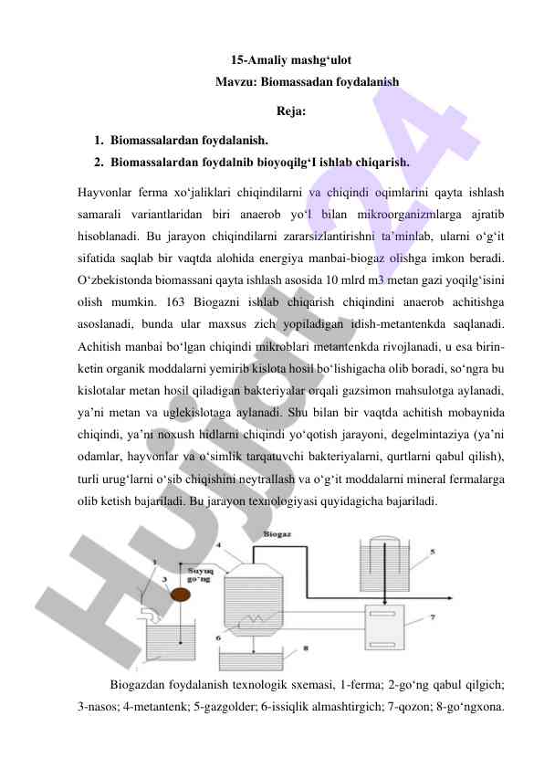 Biomassadan foydalanish uchun amaliy mashg‘ulotlar