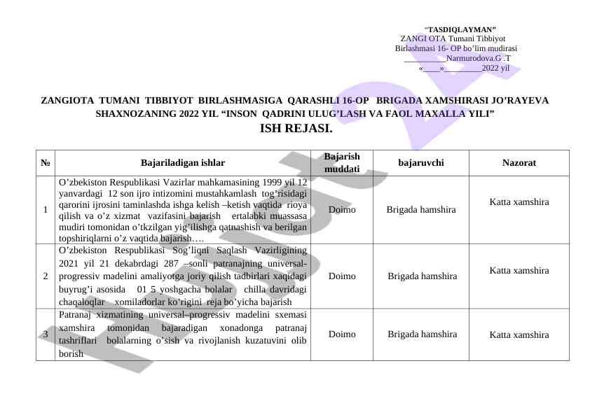 Inson qadrini ulug‘lash va faol maxalla yili rejasi