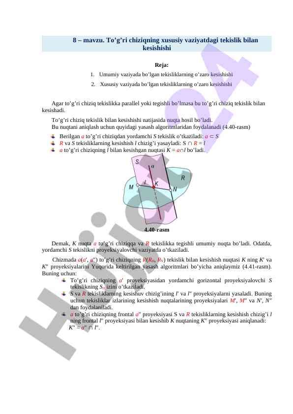 To’g’ri chiziqning tekislik bilan kesishishi