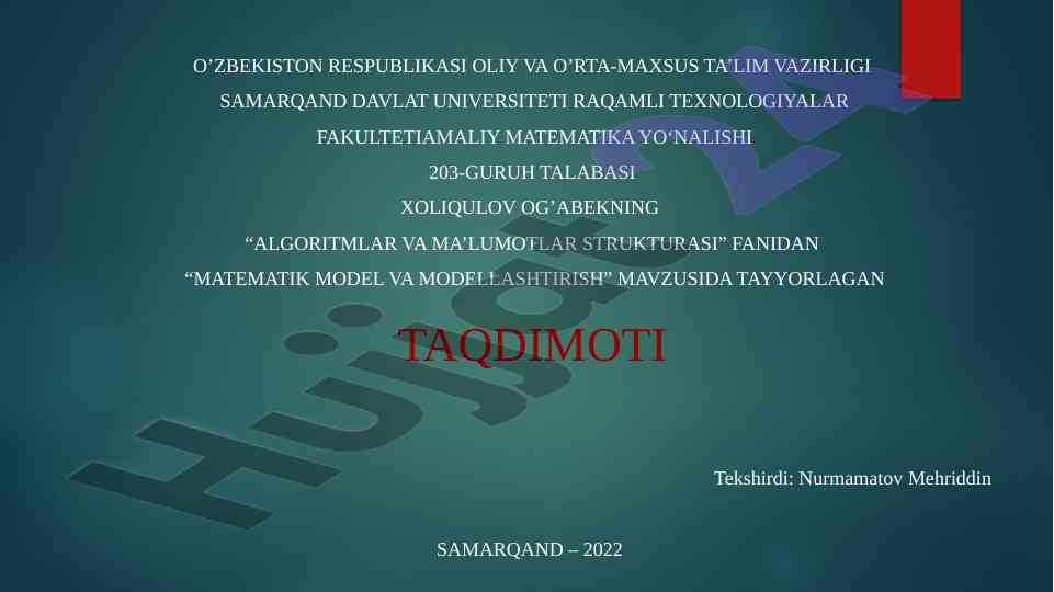 Matematik model va modellashtirish taqdimoti
