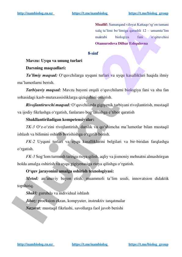 Uyqu va unung turlari darsining maqsadlari