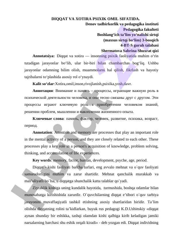 Diqqat va xotira psixik omil sifatida