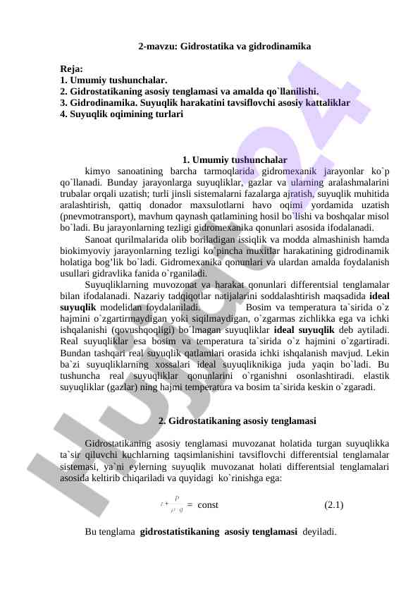 Gidrostatika va gidrodinamika asoslari