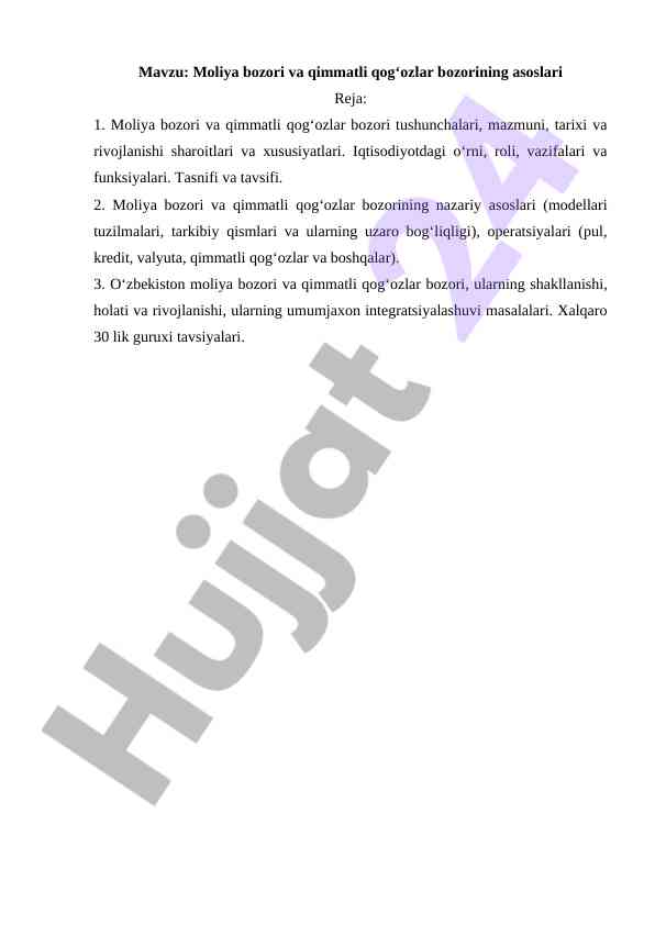 Moliya bozori va qimmatli qog‘ozlar bozorining asoslari
