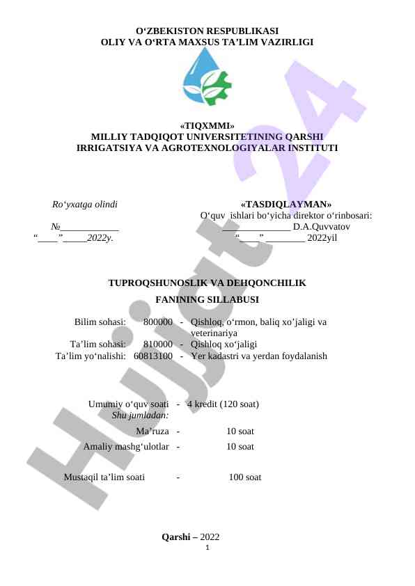 Tuproqshunoslik va dehqonchilik fanining sillabusi