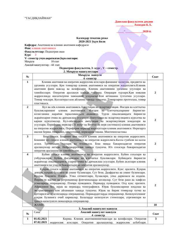 Klinik anatomiyasi dars rejasi 2020-2021