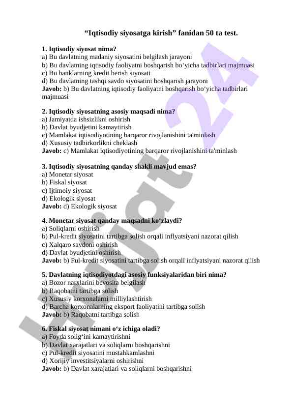 Iqtisodiy siyosatga kirish fanidan 50 ta test