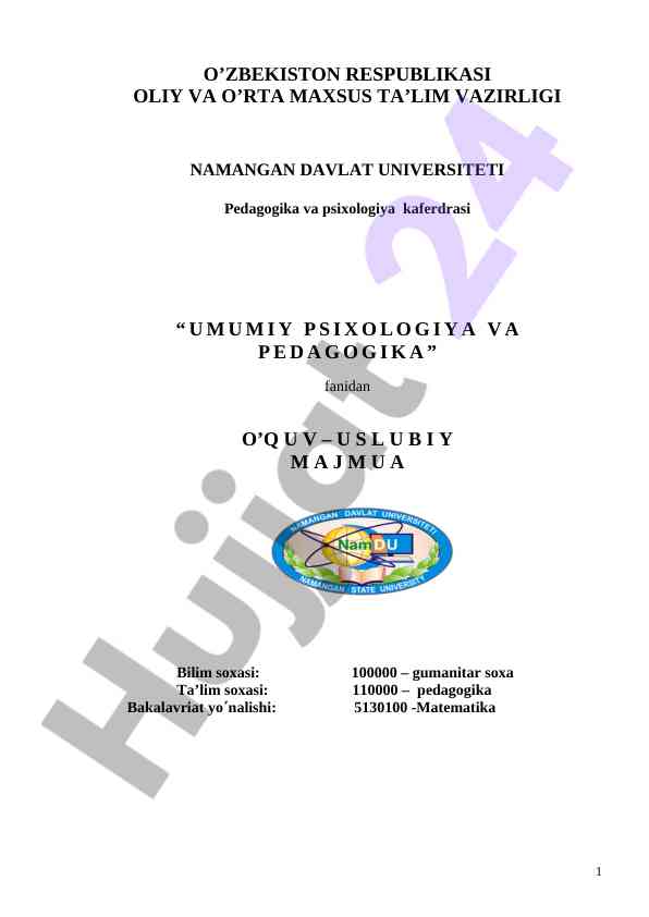 Umumiy psixologiya va pedagogika o'quv usuliy majmua