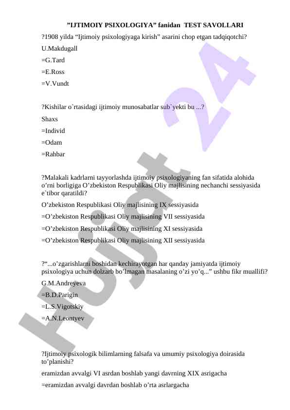 Ijimoiy Psixologiya Fanidan Test Savollari