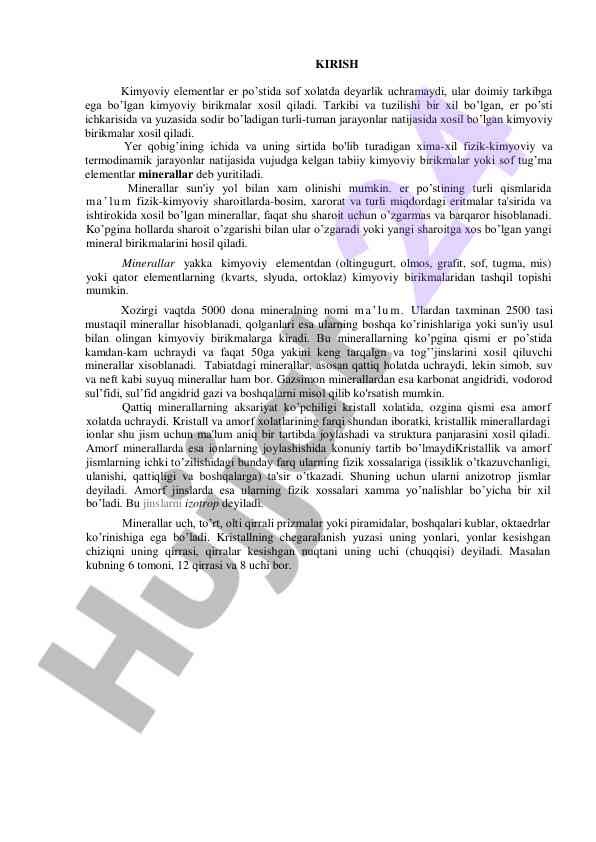 Minerallar va ularning tabiiy kimyoviy birikmalari