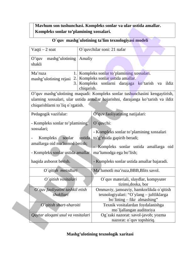 Kompleks sonlar ustida o`quv mashg`uloti