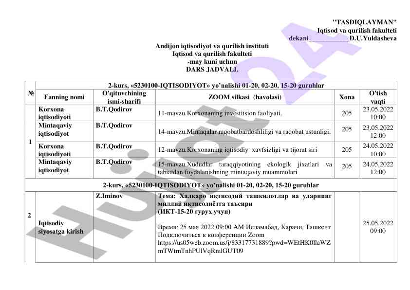 Dars jadvali iqtisodiyot bo'yicha darslar uchun