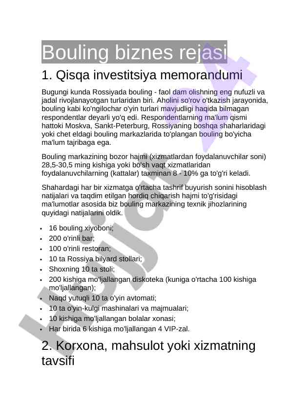 Bouling biznes rejasi investitsiya strategiyalari