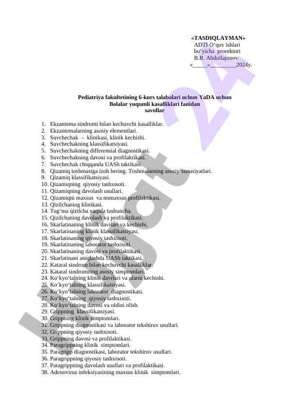 Bolalar yuqumli kasalliklari fanidan savollar