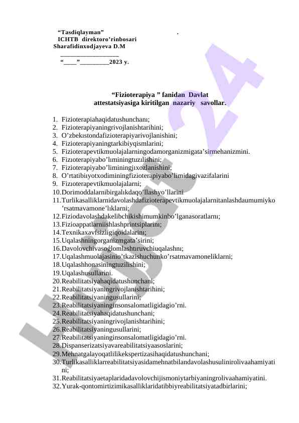 Fizioterapiya fanidan nazariy savollar