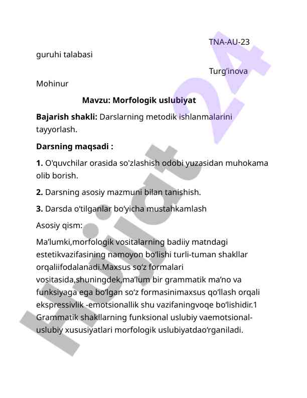 Morfologik uslubiyat: darslarning metodik ishlanmalari