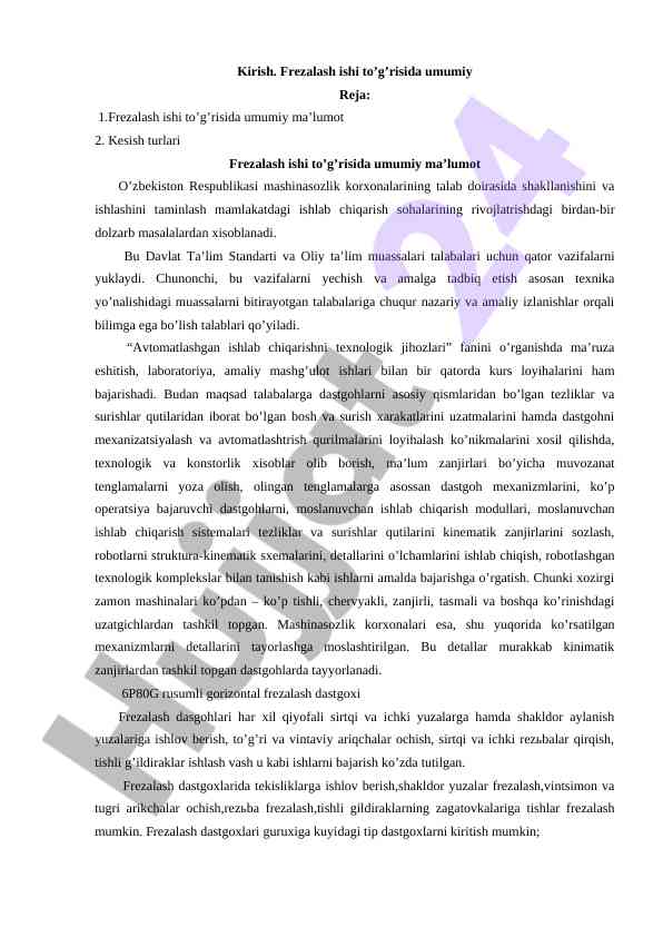 Frezalash ishini oʼrganishga qaratilgan kurs loyihasi
