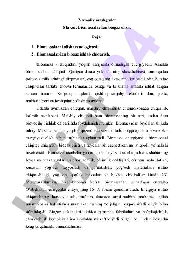 Biomassalardan biogaz olish mavzusi