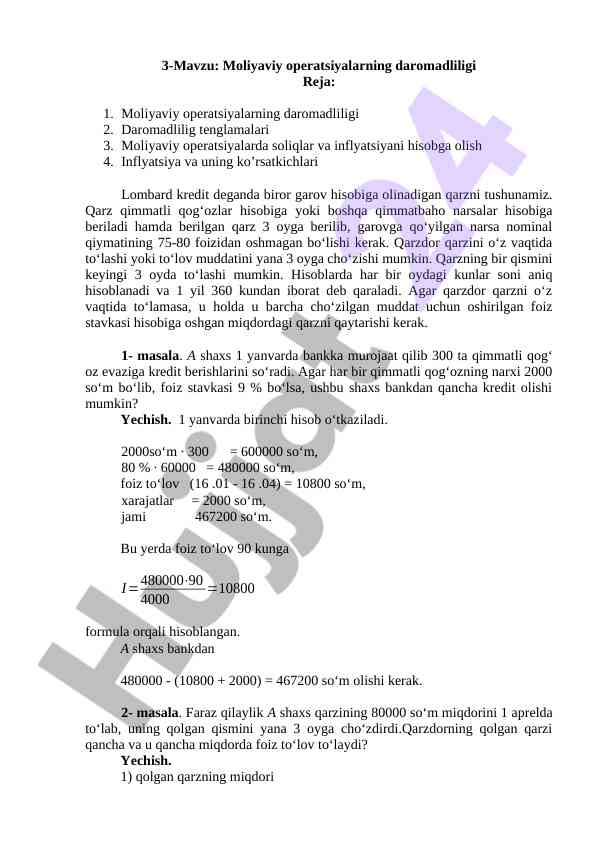 Moliyaviy operatsiyalarning daromadliligi tahlili