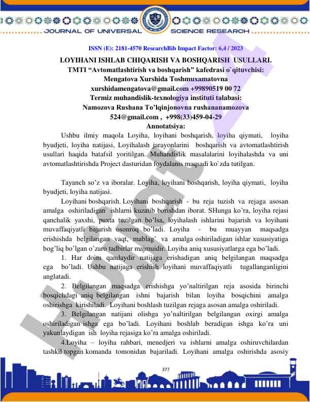 Loyihani ishlab chiqarish va boshqarish usullari