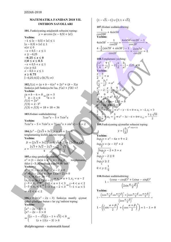 Matematika fani imtihon savollarining misollari