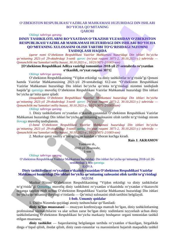 Diniy tashkilotlarni ro'yxatdan o'tkazish tartibi