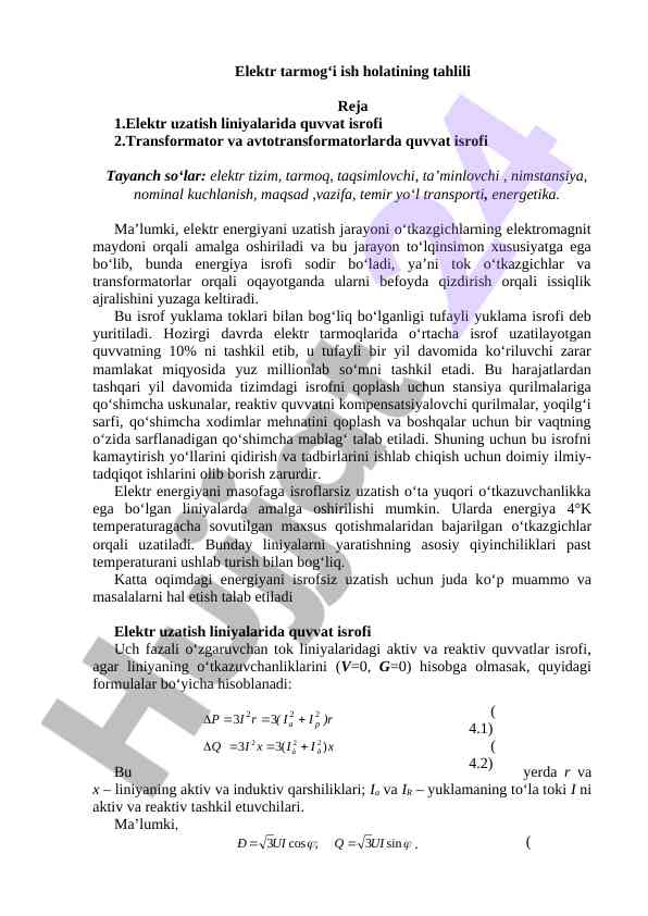 Elektr tarmog‘i ish holatining tahlili