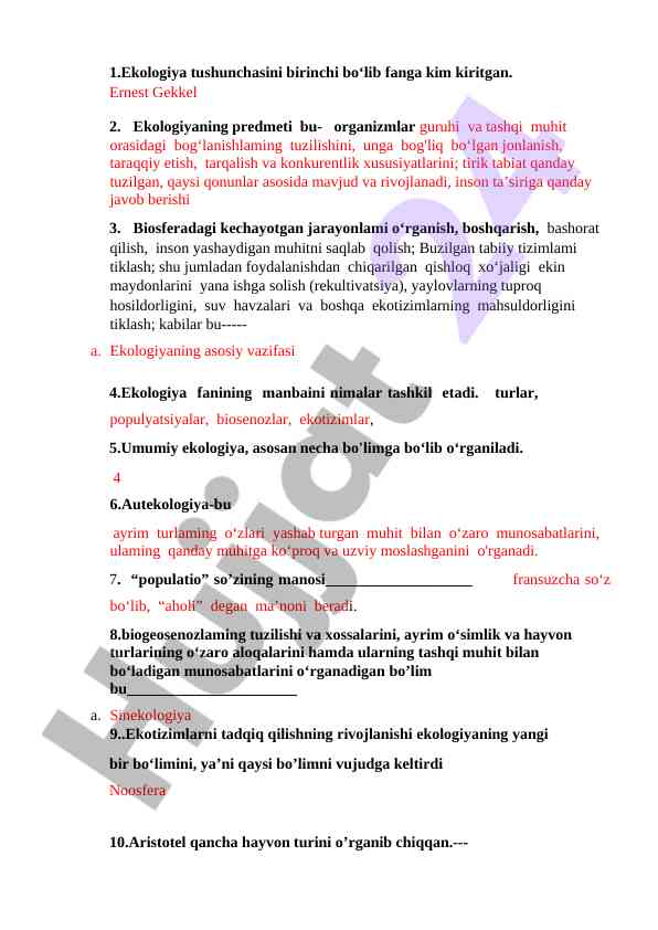 Ekologiya fanining asosiy vazifalari va manbalari