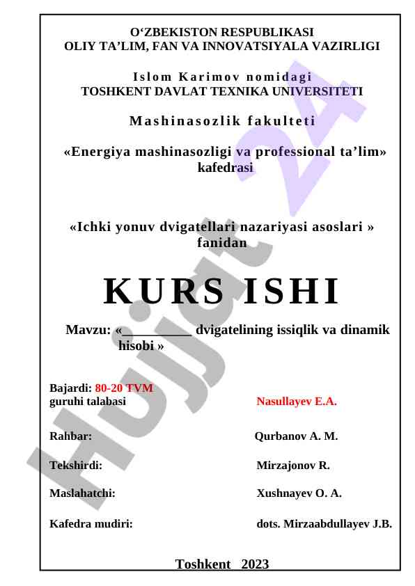 Ichki yonuv dvigatellari nazariyasi asoslari kurs ish