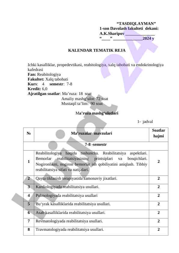 Reabitologiya kursi tematik reja