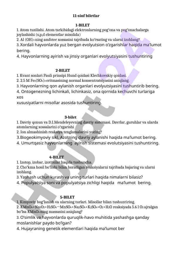 11-sinf kimyo biletlari test savollari