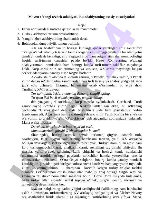 Yangi o‘zbek adabiyotining asosiy xususiyatlari
