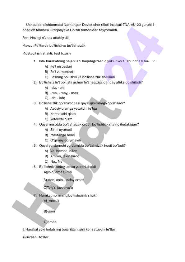 Fe’llarda bo'lishli va bo'lishsizlik mavzusi testlar