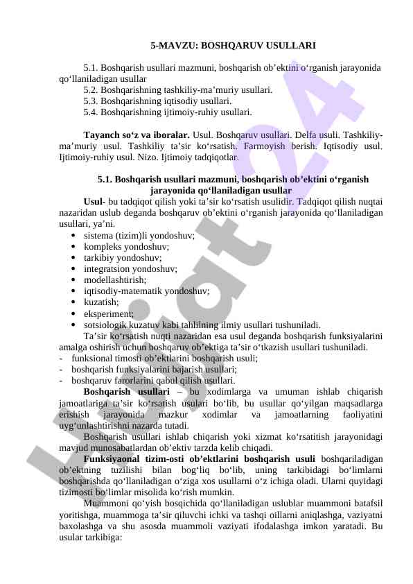Boshqaruv usullari tahlili va tadqiqot usullari