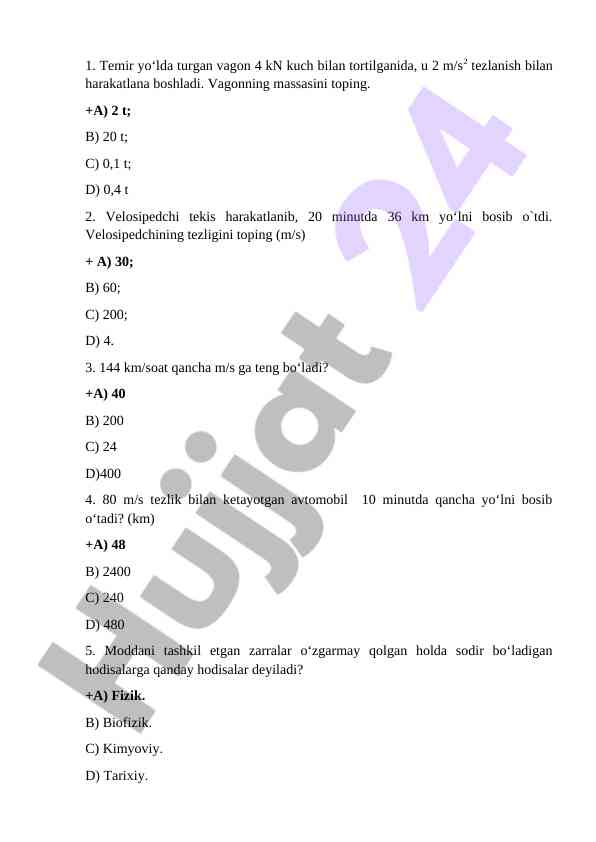 Fizika test savollari va javoblari