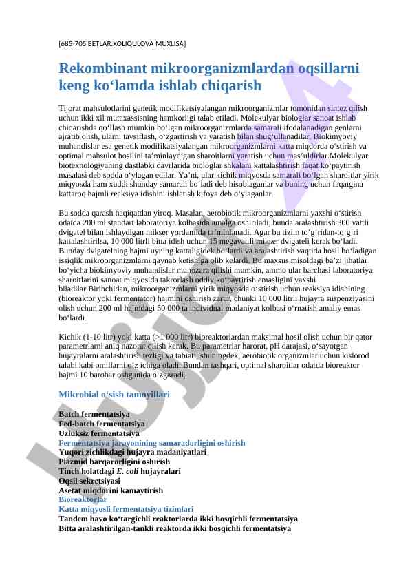 Rekombinant mikroorganizmlar va oqsillarni ishlab chiqarish