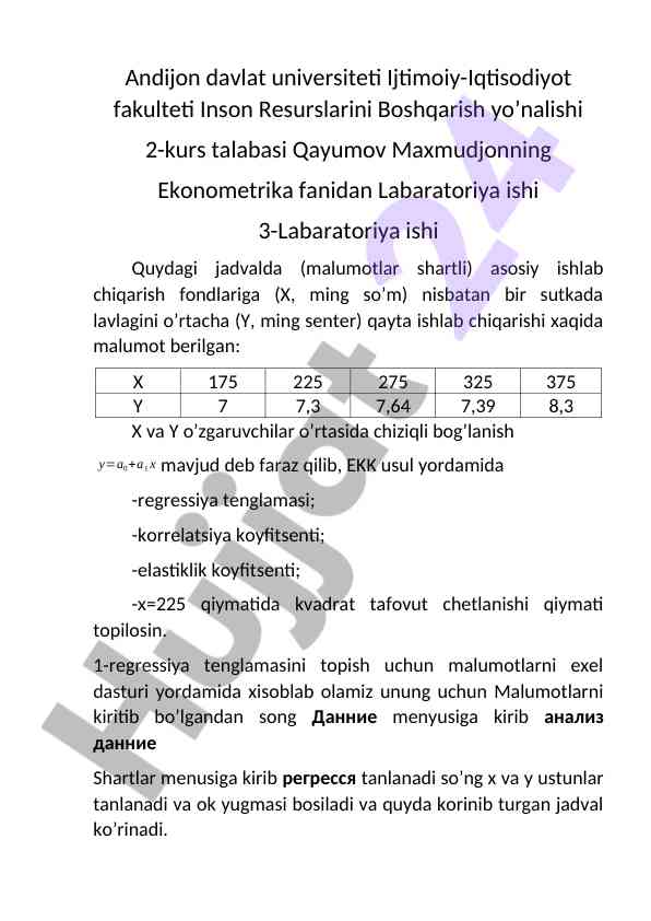 Ekonometrika fanidan laboratoriya ishining natijalari