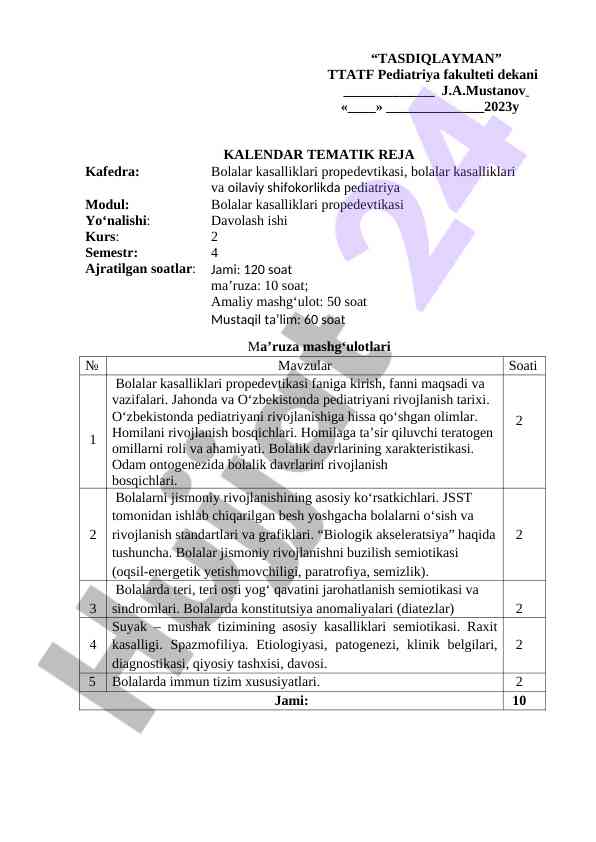 Kalendardagi tematik reja va ma’ruzalar
