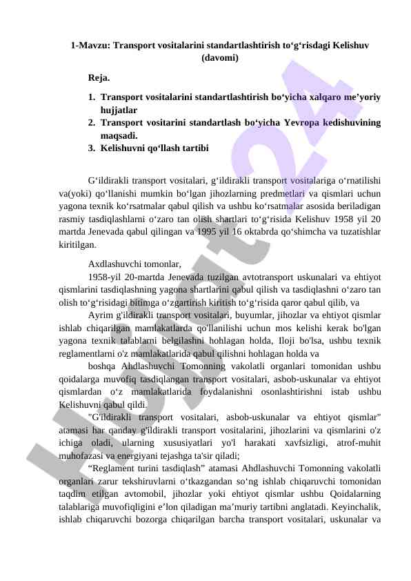 Transport vositalarini standartlashtirish kelishuvi
