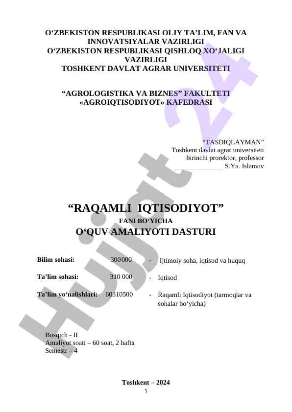 O‘quv amaliyoti dasturi raqamli iqtisodiyot