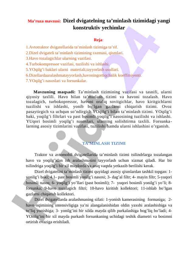 Dizel dvigatel ta'minlash tizimidagi yangi konstruktiv yeşimlar