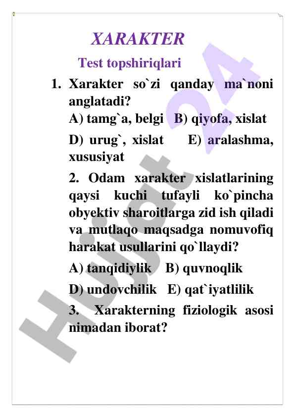 Xarakter test topshiriqlari bilan tanishing