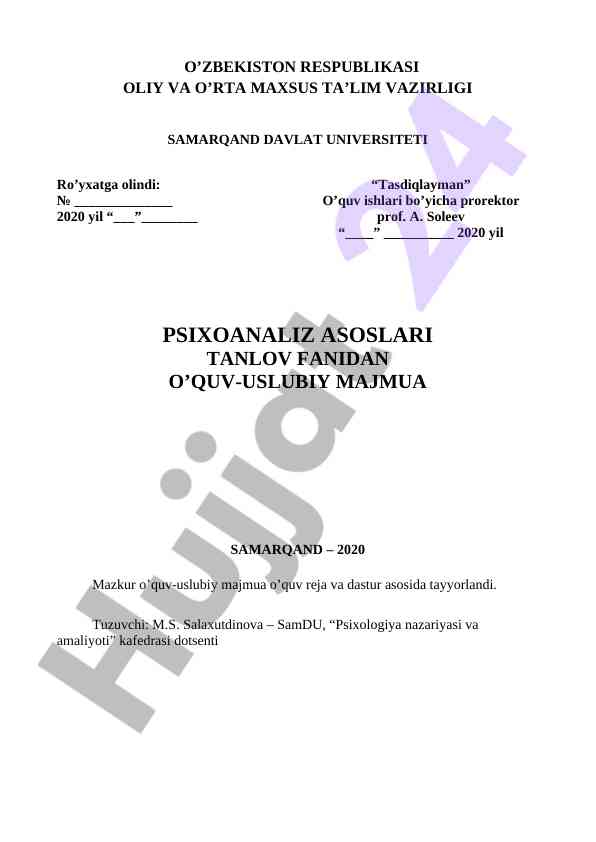 Psixoanaliz asoslari o‘quv-uslubiy majmua